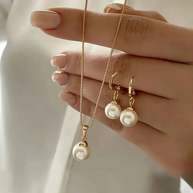 Fashion Elegant Imitation Pearl Pendant Jewelry Set for Women Vintage Gold Color Chain Necklace Earring Girl Wedding Party Gifts