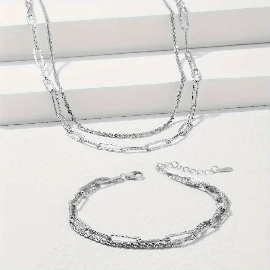Fashionable Original 925 Sterling Silver Necklace and Bracelet Jewelry Set for Women and Men, Paperclip Chain, Party Wedding Gift
