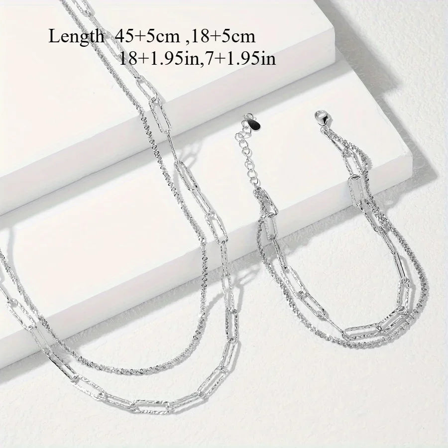 Fashionable Original 925 Sterling Silver Necklace and Bracelet Jewelry Set for Women and Men, Paperclip Chain, Party Wedding Gift