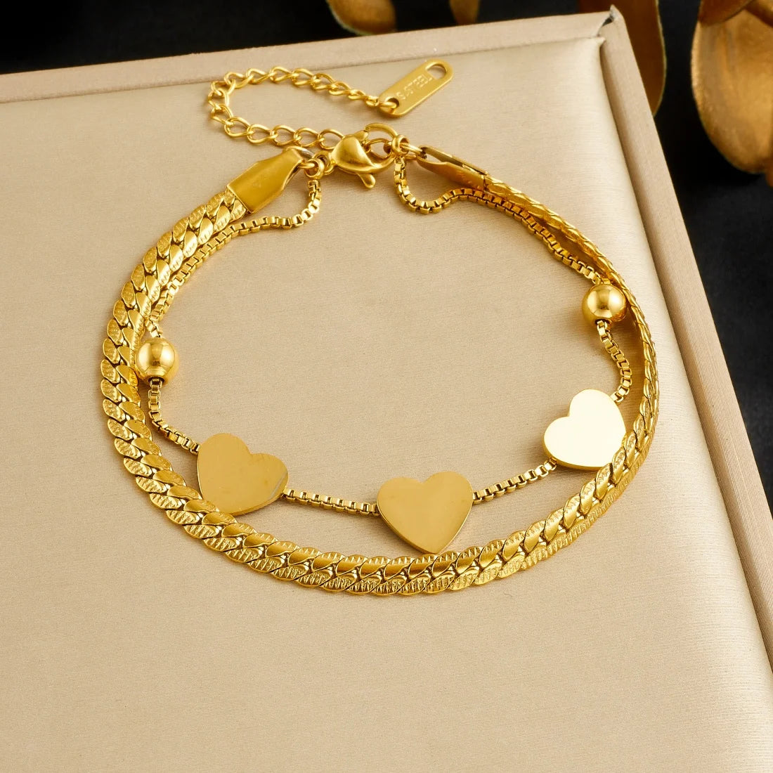 DIEYURO 316L Stainless Steel Golden Heart Geometric Zircon Minimalist Series Bracelet Women's New Waterproof Wrist Chain Jewelry