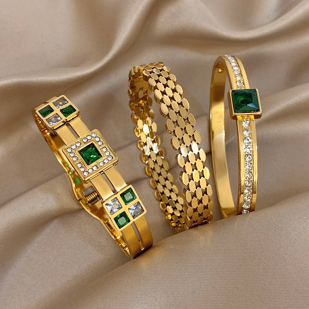 Greatera Light Luxury Style Green Square Zirconium Series Cuff Bracelet Unique Stainless Steel Artistic Exaggerate Women Bangle