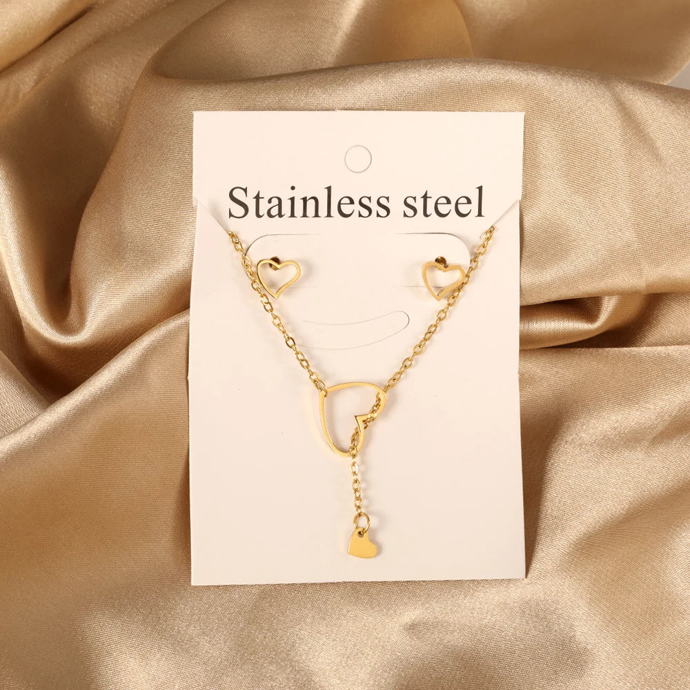 New Love Heart Pendant Necklaces For Women Stainless Steel No Fade 2 Pieces Jewelry Wedding Party Gifts Free Shipping Gold Color