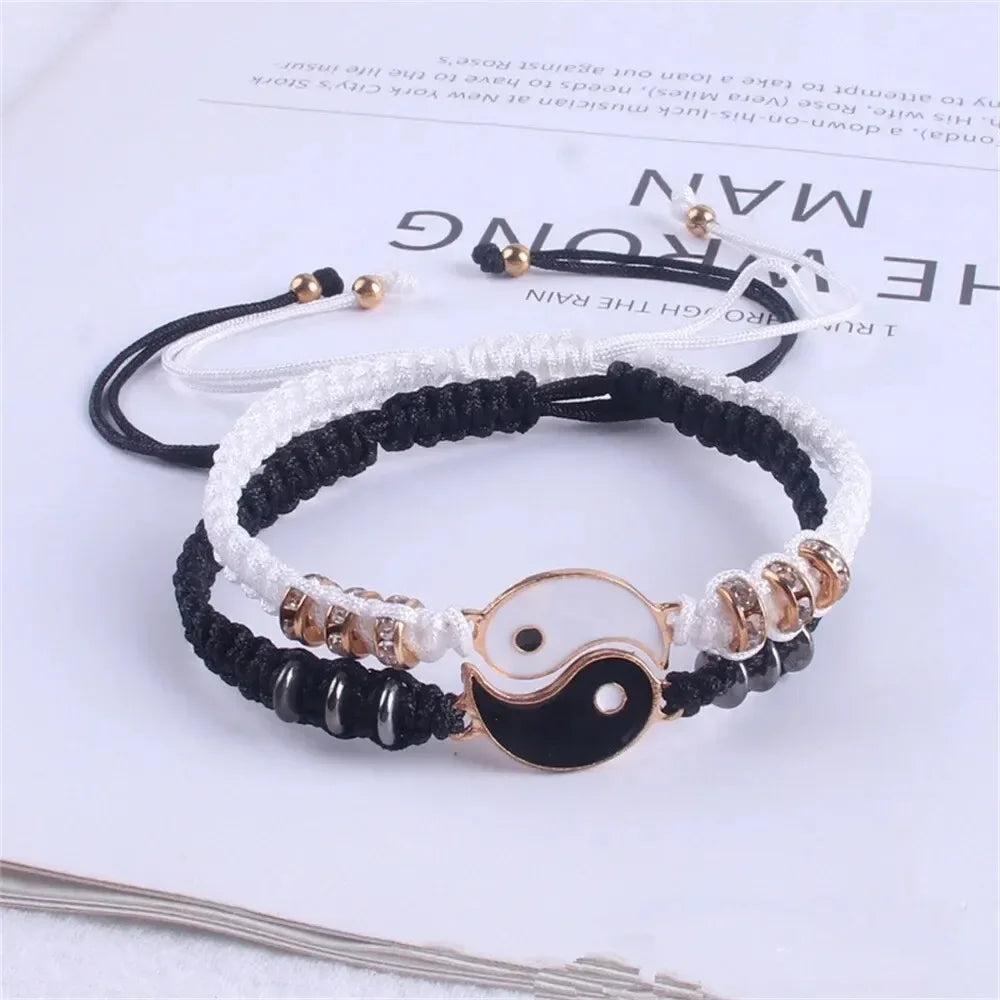 1W-2 PC Jewelry Set Couple Black White Tai Chi Bracelet Rope Adjustable Chain Set Simple Style Daily Wear Jewelry