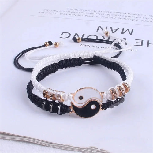 1W-2 PC Jewelry Set Couple Black White Tai Chi Bracelet Rope Adjustable Chain Set Simple Style Daily Wear Jewelry