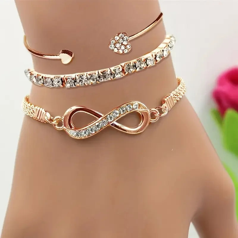 3pcs/Set Vintage Crystal Rhinestone Heart Bracelets for Women Fashion Geometric Adjustable Infinity Cuff Bangle Jewelry Gifts