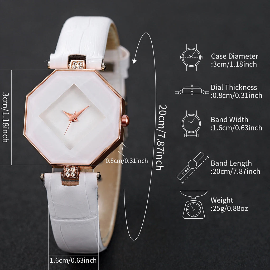 2PCS Fashion Women's Watches Casual Leather Band Analog Quartz Watch Pearls Bracelet Set（Without Box）