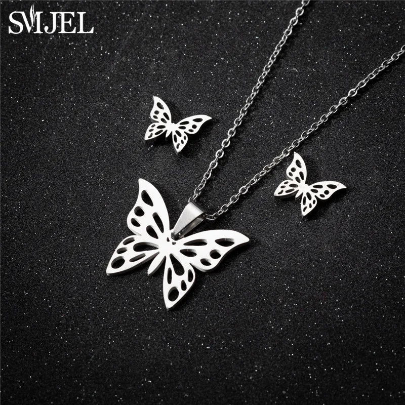Korea Style Stainless Steel Butterfly Jewelry Sets for Women Cartoon Bee Insect Pendant Necklace Girls Summer Beach Wedding Gift
