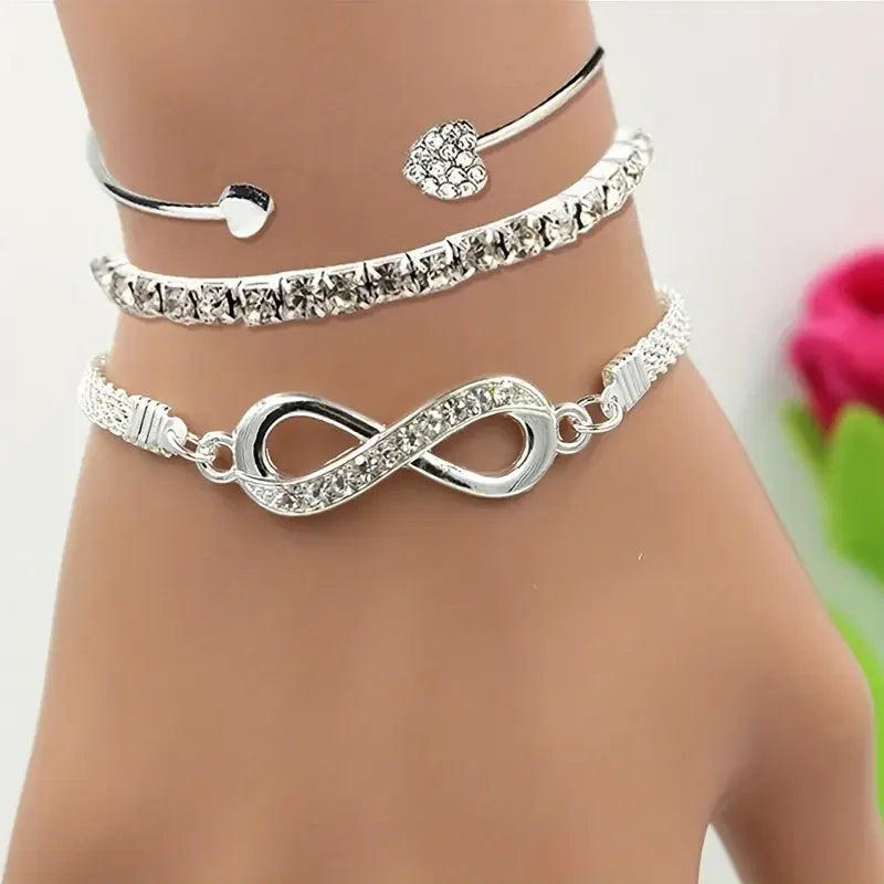 3pcs/Set Vintage Crystal Rhinestone Heart Bracelets for Women Fashion Geometric Adjustable Infinity Cuff Bangle Jewelry Gifts