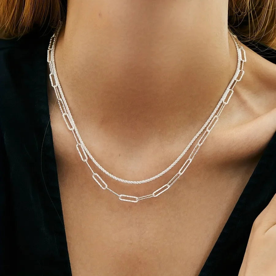 Fashionable Original 925 Sterling Silver Necklace and Bracelet Jewelry Set for Women and Men, Paperclip Chain, Party Wedding Gift