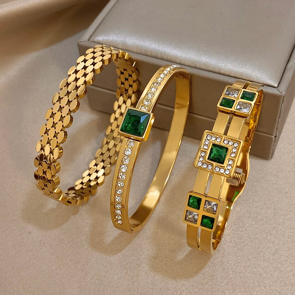 Greatera Light Luxury Style Green Square Zirconium Series Cuff Bracelet Unique Stainless Steel Artistic Exaggerate Women Bangle
