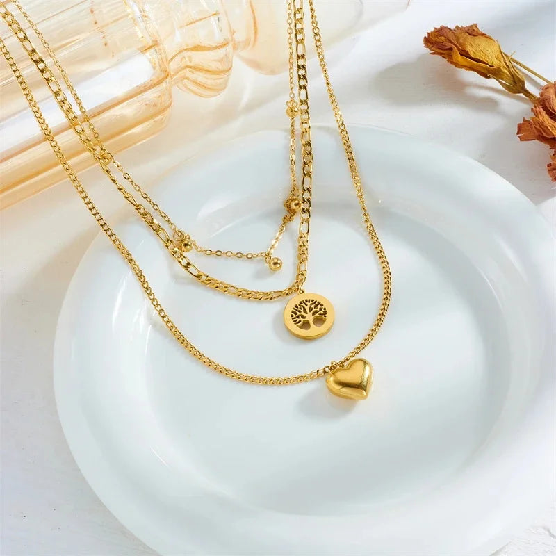 3-Piece Heart and Tree Pendant Necklace, Bracelet, and Earring Set, Gold Plated, Large Heart Pendant, Lucky Tree Crystal Jewelry Set