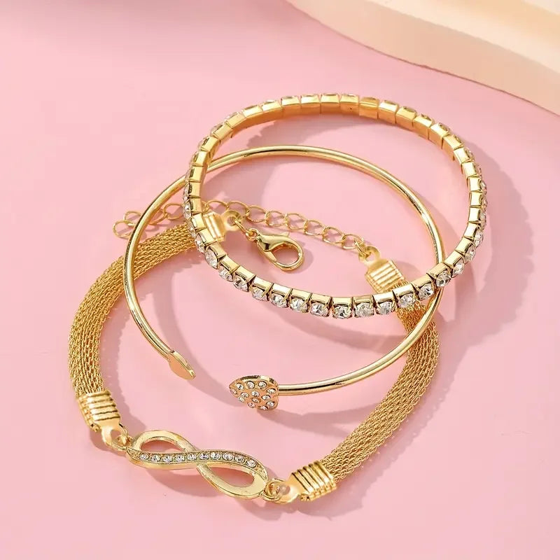3pcs/Set Vintage Crystal Rhinestone Heart Bracelets for Women Fashion Geometric Adjustable Infinity Cuff Bangle Jewelry Gifts