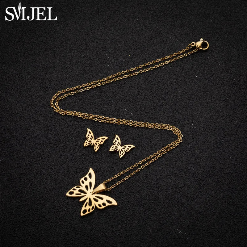 Korea Style Stainless Steel Butterfly Jewelry Sets for Women Cartoon Bee Insect Pendant Necklace Girls Summer Beach Wedding Gift
