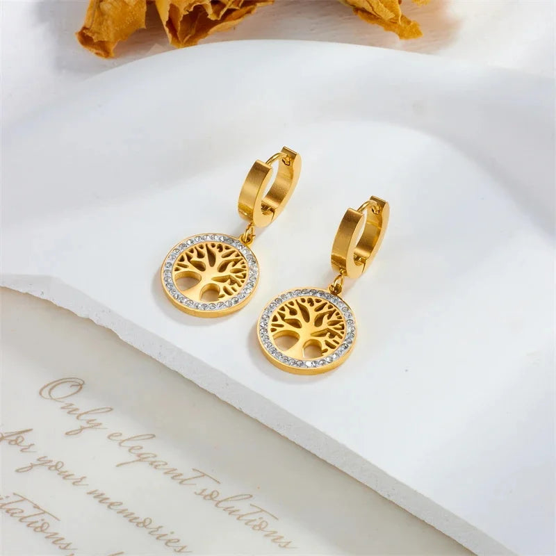 3-Piece Heart and Tree Pendant Necklace, Bracelet, and Earring Set, Gold Plated, Large Heart Pendant, Lucky Tree Crystal Jewelry Set