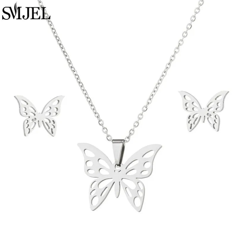 Korea Style Stainless Steel Butterfly Jewelry Sets for Women Cartoon Bee Insect Pendant Necklace Girls Summer Beach Wedding Gift