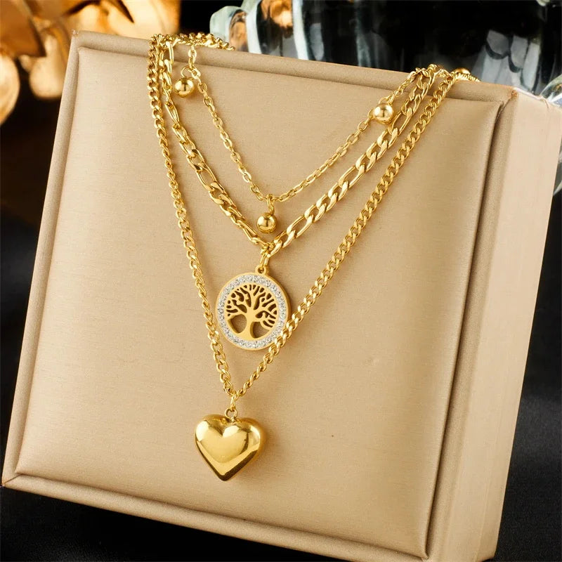 3-Piece Heart and Tree Pendant Necklace, Bracelet, and Earring Set, Gold Plated, Large Heart Pendant, Lucky Tree Crystal Jewelry Set