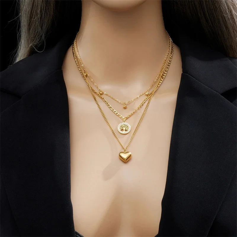 3-Piece Heart and Tree Pendant Necklace, Bracelet, and Earring Set, Gold Plated, Large Heart Pendant, Lucky Tree Crystal Jewelry Set