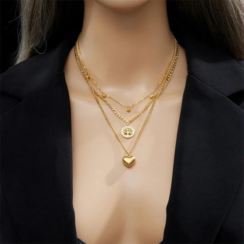 3-Piece Heart and Tree Pendant Necklace, Bracelet, and Earring Set, Gold Plated, Large Heart Pendant, Lucky Tree Crystal Jewelry Set
