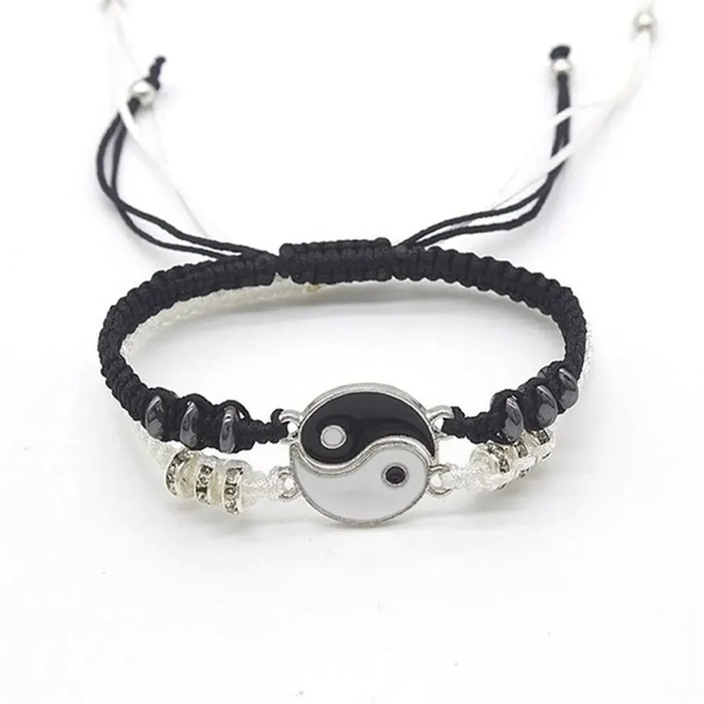 1W-2 PC Jewelry Set Couple Black White Tai Chi Bracelet Rope Adjustable Chain Set Simple Style Daily Wear Jewelry