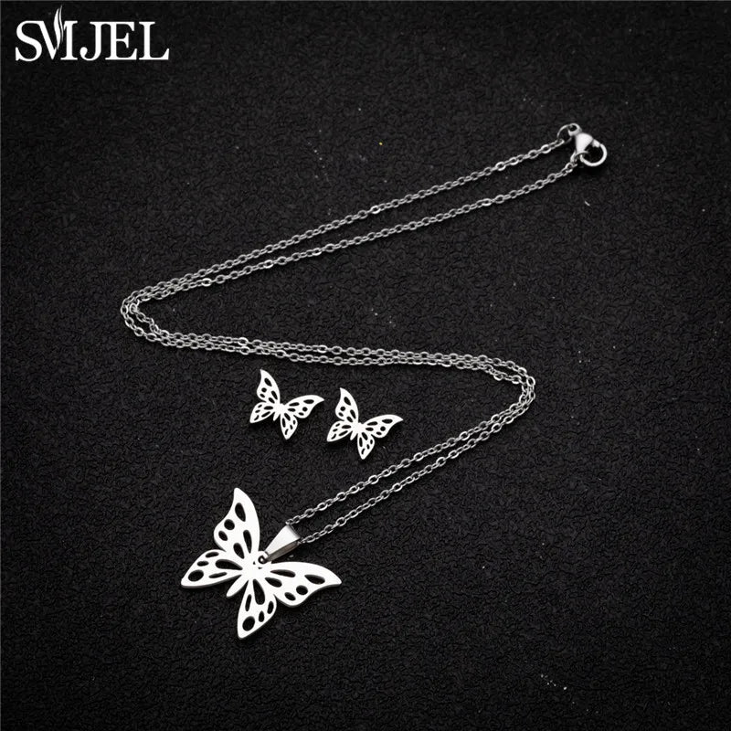 Korea Style Stainless Steel Butterfly Jewelry Sets for Women Cartoon Bee Insect Pendant Necklace Girls Summer Beach Wedding Gift