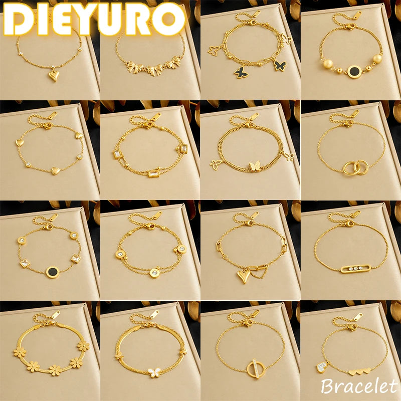 DIEYURO 316L Stainless Steel Golden Heart Geometric Zircon Minimalist Series Bracelet Women's New Waterproof Wrist Chain Jewelry