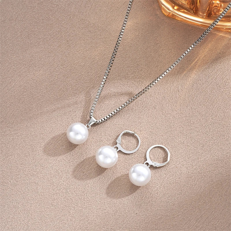 Fashion Elegant Imitation Pearl Pendant Jewelry Set for Women Vintage Gold Color Chain Necklace Earring Girl Wedding Party Gifts
