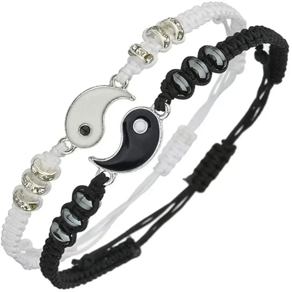 1W-2 PC Jewelry Set Couple Black White Tai Chi Bracelet Rope Adjustable Chain Set Simple Style Daily Wear Jewelry