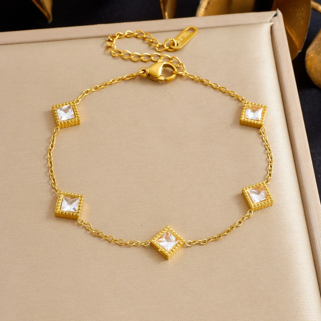 DIEYURO 316L Stainless Steel Golden Heart Geometric Zircon Minimalist Series Bracelet Women's New Waterproof Wrist Chain Jewelry